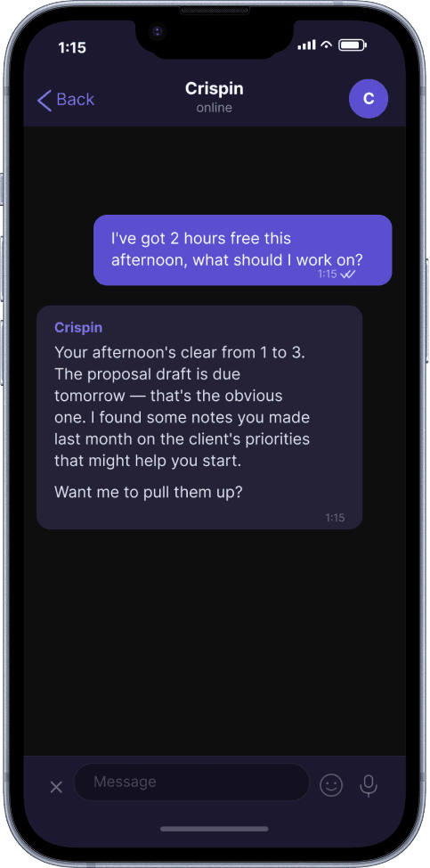 1:15pm — asking Crispin what to focus on