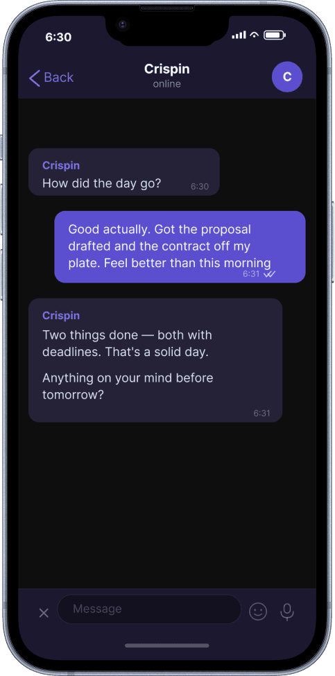 6:30pm — evening check-in